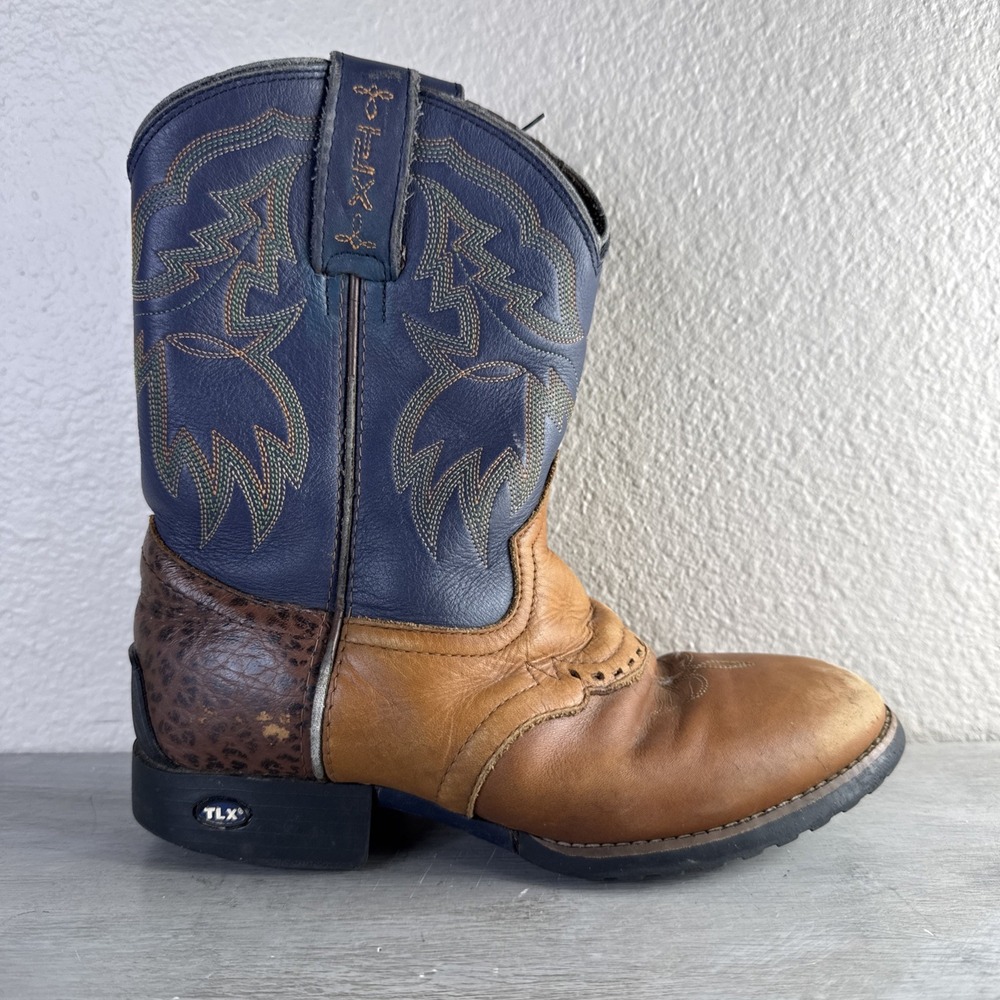 Tony Lama Mid Calf Brown/Navy  Embroidered TLX Western Cowboy Kids 1.5